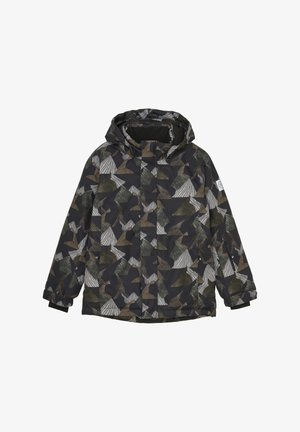 Hooded jacka med geometriskt mönster i mörkgrönt, beige och grå nyanser. Tillverkad av vattentåligt material med elastiska muddar och fickor.
