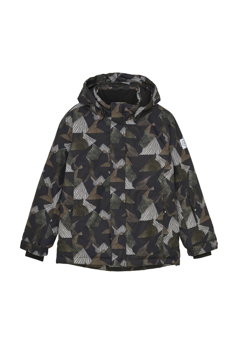 Hoodie-Jacke mit geometrischem Muster in Dunkelgrün, Beige und Grautönen. Aus wasserdichtem Material mit elastischen Bündchen und Taschen gefertigt.