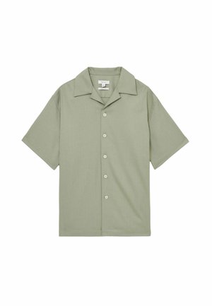 Short-sleeve, collared shirt in light green fabric with a smooth texture, featuring four white buttons and a straight hem.