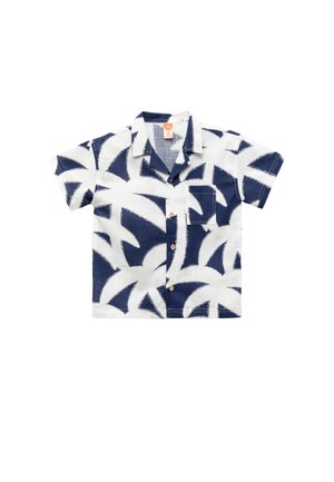 Kurzarmhemd in Weiß mit einem marineblauen Palmenblattmuster, mit durchgehender Knopfleiste, Kragen und einer einzelnen Brusttasche. Aus Baumwollmischung.