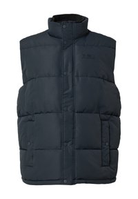 Donkerblauw, gewatteerd vest met hoge kraag, drukknoopjes, doorgestikte structuur, twee zijzakken en een logo op de bovenste linkerkant.