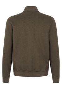 Dark olive green sweatshirt with a high collar, long sleeves, ribbed cuffs, and hem, made from a smooth fabric with a plain texture.