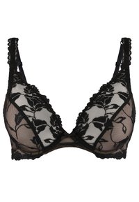 Soutien-gorge en dentelle noire avec broderie florale, bonnets en mesh transparent, bords festonnés et bretelles réglables recouvertes de dentelle.