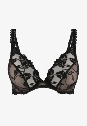 Soutien-gorge en dentelle noire avec broderie florale, bonnets en mesh transparent, bords festonnés et bretelles réglables recouvertes de dentelle.