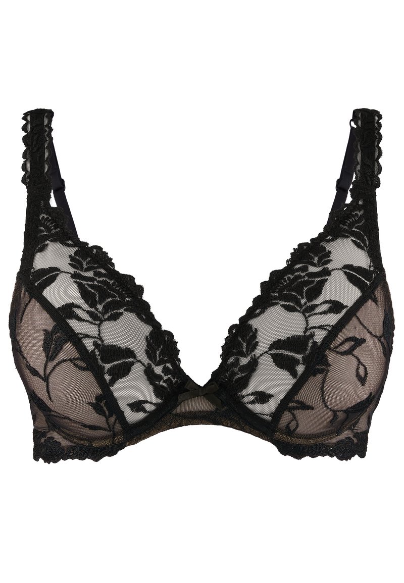Soutien-gorge en dentelle noire avec broderie florale, bonnets en mesh transparent, bords festonnés et bretelles réglables recouvertes de dentelle.