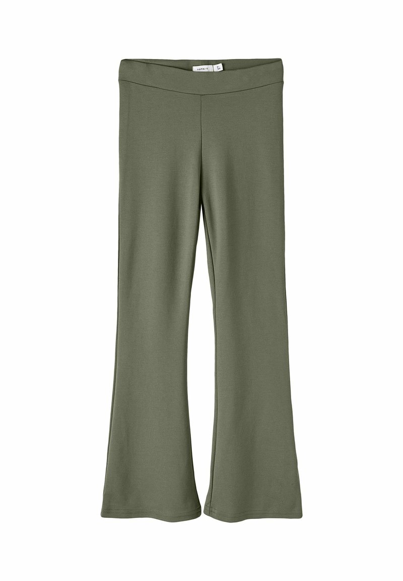 Pantalon évasé vert olive avec une large ceinture, en tissu doux et extensible, présenté à plat sur fond blanc.