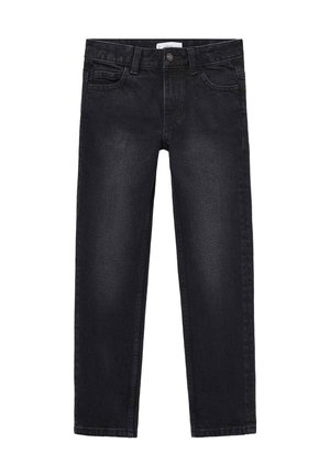 Zwarte denim jeans met een rechte pijp. Kenmerken zijn onder andere vijf zakken, een sluiting met een knoop aan de voorkant en subtiele vervaging op de stof.