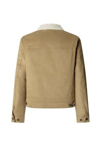 Corduroy jas in beige met een schapenvachtkraag, voorzien van een rechte snit, knoopsluitingen aan de mouwen en zij-naden met verstelbare accenten.