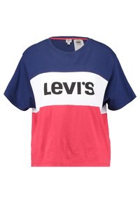 Triko Levi's s krátkým rukávem v námořnické modré a červené barevné blokové designu s bílým pruhem a výrazným černým logem na přední straně.