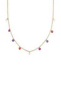 Collana in oro con perline colorate: rosso, viola, rosa e giallo, distanziate uniformemente lungo la catena, con un design delicato.