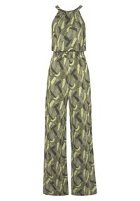 Grüner Jumpsuit mit Halterneck-Ausschnitt, der ein blättriges Muster in verschiedenen Grüntönen und Braun zeigt, mit elastischem Taillengummi und weitem Bein.
