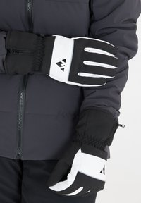 Svartvita vattentäta vinterhandskar med en dragkedja, elastiska muddar och texturerat grepp. Utrustade med en logotyp och kontrasterande färgaccenter.