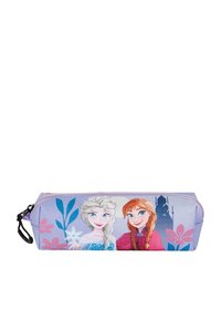 Trousse violette avec des personnages de dessins animés, Elsa et Anna, ornée de motifs floraux, et avec une tirette de fermeture éclair noire. Texture de tissu durable.
