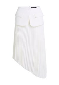 White pleated skirt with an asymmetrical hemline, featuring a structured waistband, dual front pockets, and a smooth fabric texture.