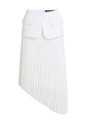 White pleated skirt with an asymmetrical hemline, featuring a structured waistband, dual front pockets, and a smooth fabric texture.