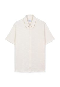 Camicia a maniche corte con colletto in tessuto beige chiaro texturizzato, con chiusura a bottoni e motivo intrecciato sottile.