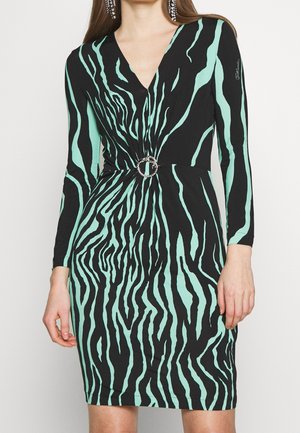 Vestido de manga larga con escote en V con rayas de cebra negras y verde menta, ceñido en la cintura con una hebilla circular plateada.