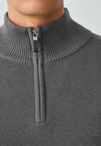 Grijze zip-up trui met ribbelkraag, gemaakt van zacht materiaal. Heeft een korte rits en een gladde textuur zonder zichtbare patronen of accenten.