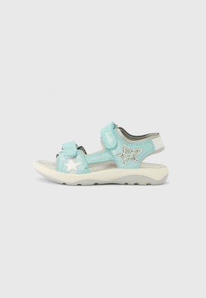 Svetlo modri sandali iz sintetičnega materiala s srebrnimi zvezdicami, nastavljivimi naramnicami in teksturirano gumijasto podplatom.
