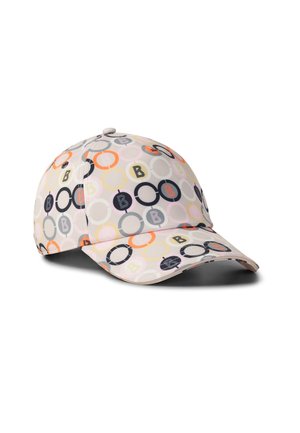 Baseballpet met een beige achtergrond, versierd met meerkleurige overlappende cirkels en kleine verticale streeppatronen.