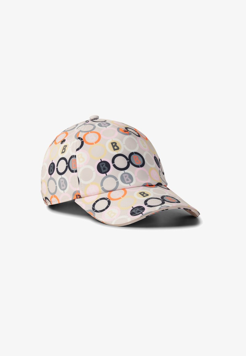 Casquette de baseball avec un fond beige, décorée de cercles multicolores superposés et de petits motifs de rayures verticales.