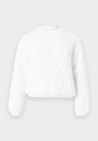 Valkoinen, kuvioitu neulepaita pitkillä hihoilla, resorireunuksilla varustetulla pyöreällä pääntiellä ja hieman lyhennetyllä helmalla yksivärisellä taustalla.