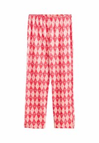 Red and pink patterned pants with a diamond design, featuring white bow accents. Elastic waistband and straight, loose fit. Soft fabric.