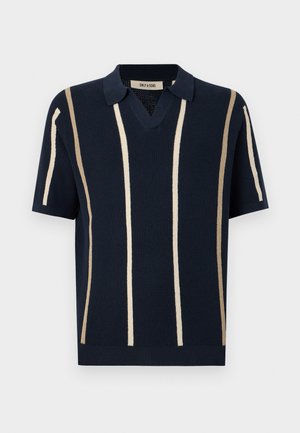 Tumesinine kampsunist polo-särk V-kaelusega ja lühikeste varrukatega, millel on vertikaalsed kreemjad triibud kontrastiks. Tekstureeritud kangas lisab visuaalset huvi.