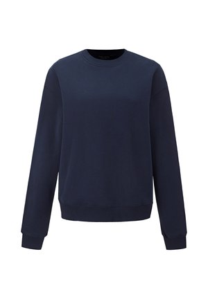 Tamsiai mėlynas džemperis, pagamintas iš minkštos medžiagos, su ilgomis rankovėmis, ribuotu kaklu ir rankogalais. Turi laisvo silueto kirpimą be matomų logotipų ar raštų.