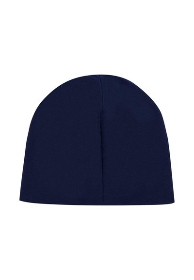 Cappello blu navy realizzato in un tessuto elastico, presenta una forma rotonda e un design senza cuciture, con una texture liscia e priva di motivi o accenti visibili.