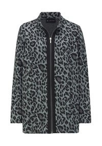 Giacca grigia con zip, decorata con stampa leopardata nera e un bordo nero lungo la zip, caratterizzata da un colletto alto e maniche lunghe.