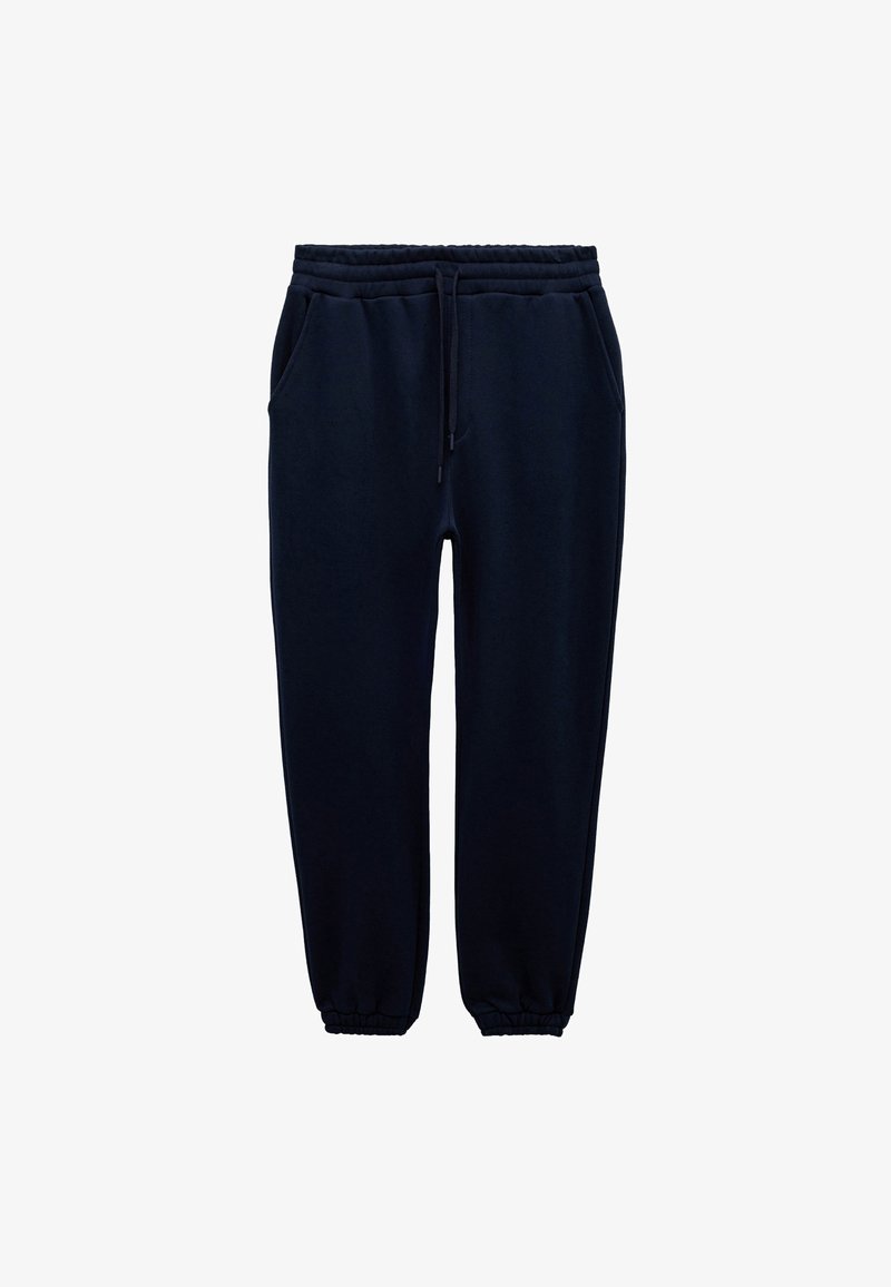 Donkerblauwe joggingsbroek van zacht materiaal; voorzien van een elastische tailleband met koord, zijzakken en elastische boorden.