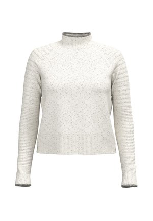 Light gray sweater with a high neckline, textured body, and ribbed sleeves. Details include speckled patterns and contrasting cuffs.