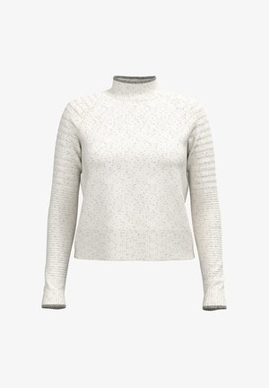 Light gray sweater with a high neckline, textured body, and ribbed sleeves. Details include speckled patterns and contrasting cuffs.