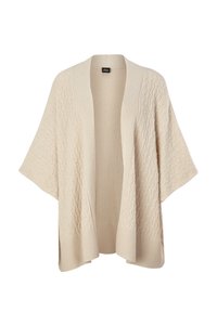 Cardigan beige in maglia con un motivo testurizzato, apertura frontale e maniche larghe. Accenti a costine ai bordi e al colletto.