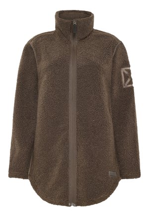 Braune Fleecejacke mit hohem Kragen, durchgehendem Frontreißverschluss und abgerundetem Saum. Verfügt über strukturierten Stoff und ein Logopatch am linken Ärmel.