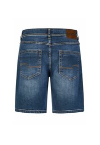 Jeansshorts in een medium blauwe kleur, met achterzakken met contrasterende stiksels en een leren label op de tailleband.