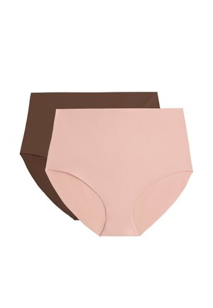 Deux paires de sous-vêtements féminins taille haute sans coutures, l'une en rose clair et l'autre en marron foncé, présentées à plat sur fond blanc.