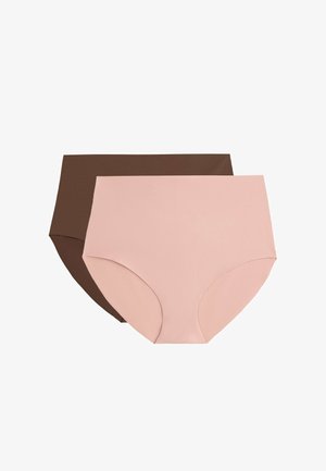 Deux paires de sous-vêtements féminins taille haute sans coutures, l'une en rose clair et l'autre en marron foncé, présentées à plat sur fond blanc.