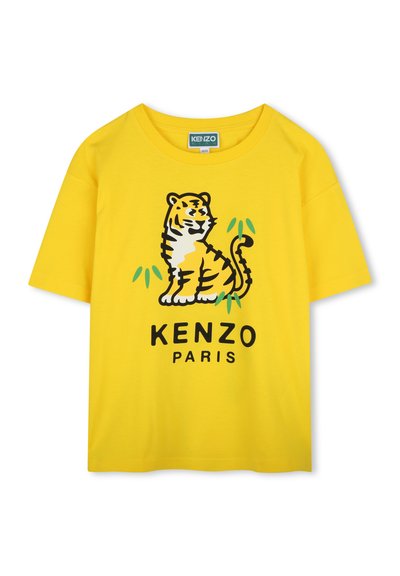 Geel katoenen T-shirt met een zwart en oranje tijgerafbeelding met groene accenten en "KENZO PARIS" eronder gedrukt. Korte mouwen, relaxed fit.
