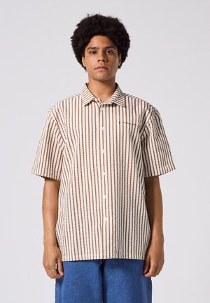 Short-sleeve button-up shirt with vertical brown and white stripes, featuring a pointed collar and a single pocket on the left chest.