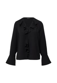 Zwarte blouse met een ruche halslijn, lange mouwen met uitlopende manchet, en een soepele stoftextuur. V-halsontwerp met een relaxte pasvorm.