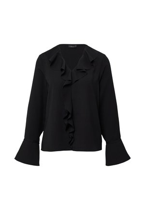 Blouse noire avec un col volanté, des manches longues à poignets évasés et une texture de tissu lisse. Design en V avec une coupe décontractée.