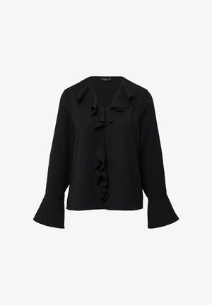 Mustalane, millel on volangiga kaelus, pikad varrukad, millel on laienevad mansetid, ja sile kangas. V-kaeluse disain ja mugav lõige.