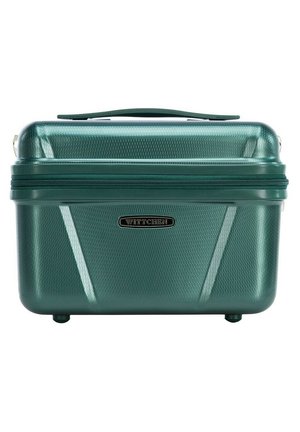Hard-shell cosmetic case in dark green plastic with a textured surface, top handle, and a gold logo. Features a zip closure and four feet.