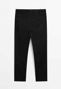 Black trousers with an elastic waistband, featuring a smooth fabric, slim fit, and two back pockets. Maintains a simple, clean design.
