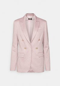 Blazer rosa a spina di pesce con rever a soffietto, design doppiopetto, bottoni dorati e due tasche frontali. Finitura in tessuto testurizzato.