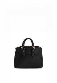 Sort håndtaske lavet af nylon med læderdetaljer, der har guldfarvede beslag, dobbelte håndtag på toppen og en struktureret form med lynlåslukning.