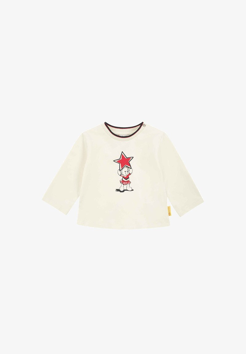 Cream long-sleeve shirt made of cotton. Features a graphic of a cartoon character holding a red star. Ribbed neckline with contrasting trim.
