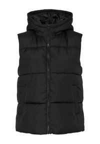 Svart vadderad väst med huva, med en framsidans dragkedja, två sidofickor och en quiltad design. Tillverkad av isolerande material.